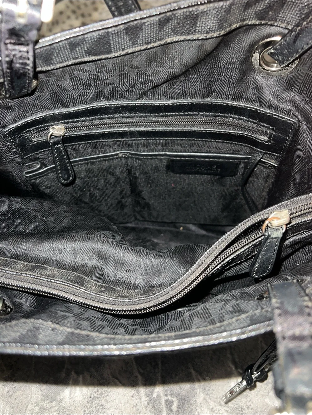 Michael Kors Black MK Monogram Tote with Silver Logo Charm